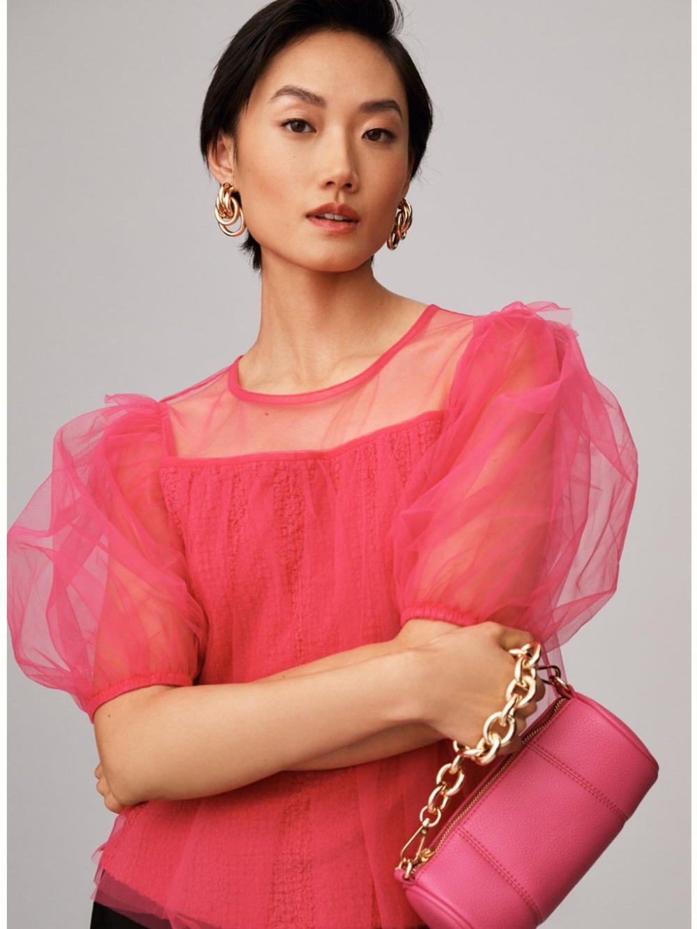 NWT By Anthropologie Sheer Puff-Sleeve Top XXS Hot Pink Magenta Mesh Smocked $98